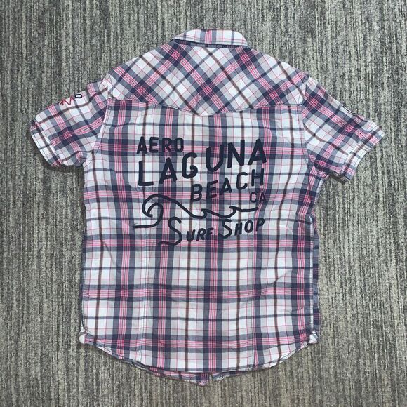 Aeropostale Men’s Large Pink White “Laguna Beach Surf Shop” Pearl‎ Snap Patch - Picture 1 of 5